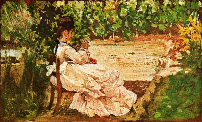 Wikioo.org - The Encyclopedia of Fine Arts - Painting, Artwork by Giovanni Fattori - Young lady sewing in the garden