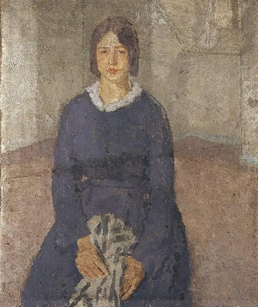 Wikioo.org - The Encyclopedia of Fine Arts - Painting, Artwork by Gwen John - Girl in a Blue Dress holding a Piece of Sewing