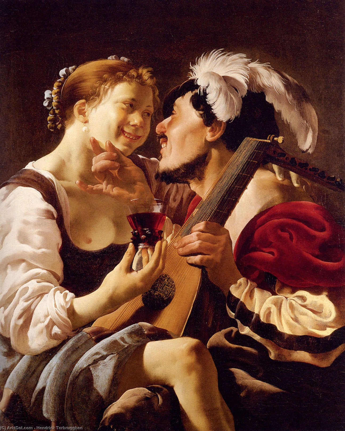 WikiOO.org - Encyclopedia of Fine Arts - Maleri, Artwork Hendrick Terbrugghen - A Luteplayer Carousing With A Young Woman Holding A Roemer