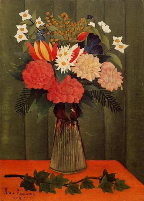 Wikioo.org - สารานุกรมวิจิตรศิลป์ - จิตรกรรม Henri Julien Félix Rousseau (Le Douanier) - Bouquet of Flowers with an Ivy Branch 1