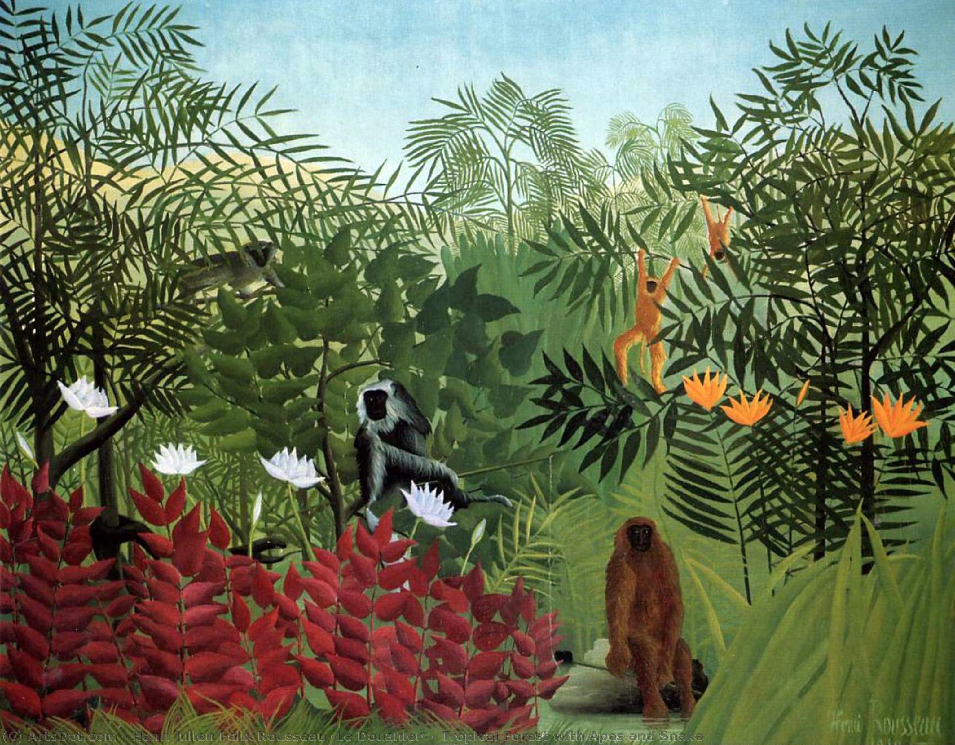 Wikoo.org - موسوعة الفنون الجميلة - اللوحة، العمل الفني Henri Julien Félix Rousseau (Le Douanier) - Tropical Forest with Apes and Snake