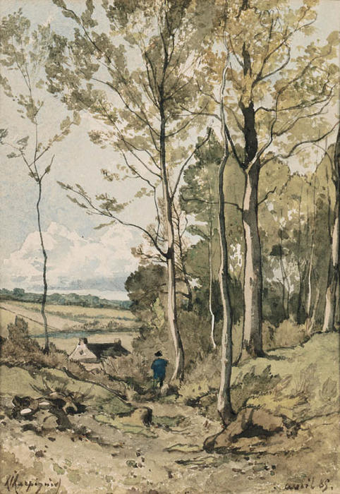 Wikioo.org - The Encyclopedia of Fine Arts - Painting, Artwork by Henri-Joseph Harpignies - A Figure walking on a Path