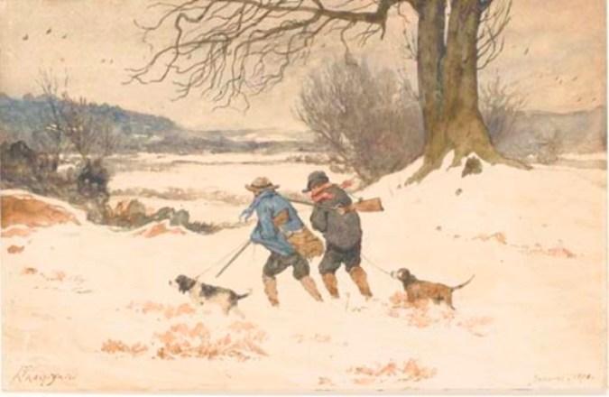 Wikioo.org - The Encyclopedia of Fine Arts - Painting, Artwork by Henri-Joseph Harpignies - A snowy landscape with two hunters and two dogs