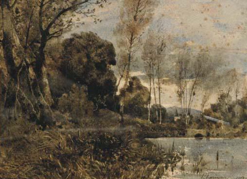 Wikioo.org - The Encyclopedia of Fine Arts - Painting, Artwork by Henri-Joseph Harpignies - A white castle seen from a lake-side
