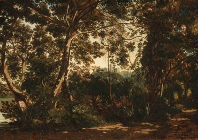 Wikioo.org - The Encyclopedia of Fine Arts - Painting, Artwork by Henri-Joseph Harpignies - A wooded forest with a town beyond