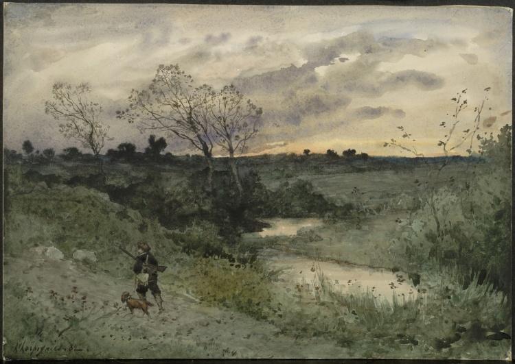 Wikioo.org - The Encyclopedia of Fine Arts - Painting, Artwork by Henri-Joseph Harpignies - Dawn-Hunter with Dog