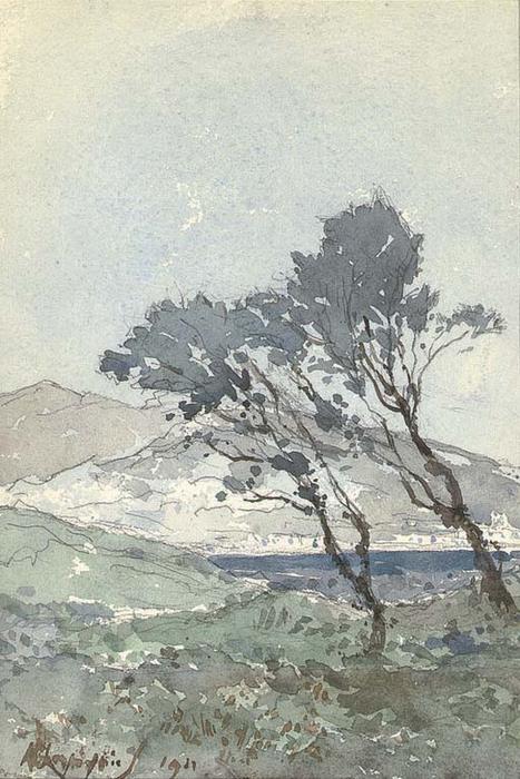 Wikioo.org - The Encyclopedia of Fine Arts - Painting, Artwork by Henri-Joseph Harpignies - Pines at the edge of the sea area around Antibes
