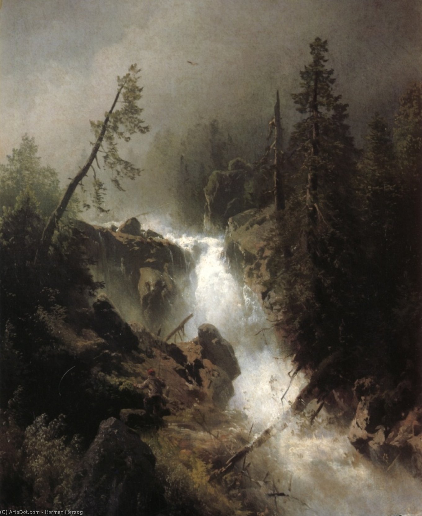 Wikioo.org - The Encyclopedia of Fine Arts - Painting, Artwork by Herman Herzog - Cascade with a Fisherman