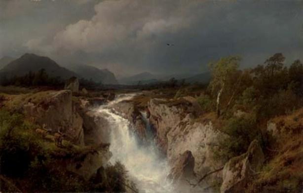 Wikioo.org - The Encyclopedia of Fine Arts - Painting, Artwork by Herman Herzog - Elk by a Cascading River