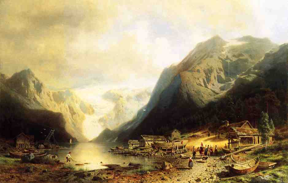 Wikioo.org - The Encyclopedia of Fine Arts - Painting, Artwork by Herman Herzog - Fishermans Village on an Alpine Lake
