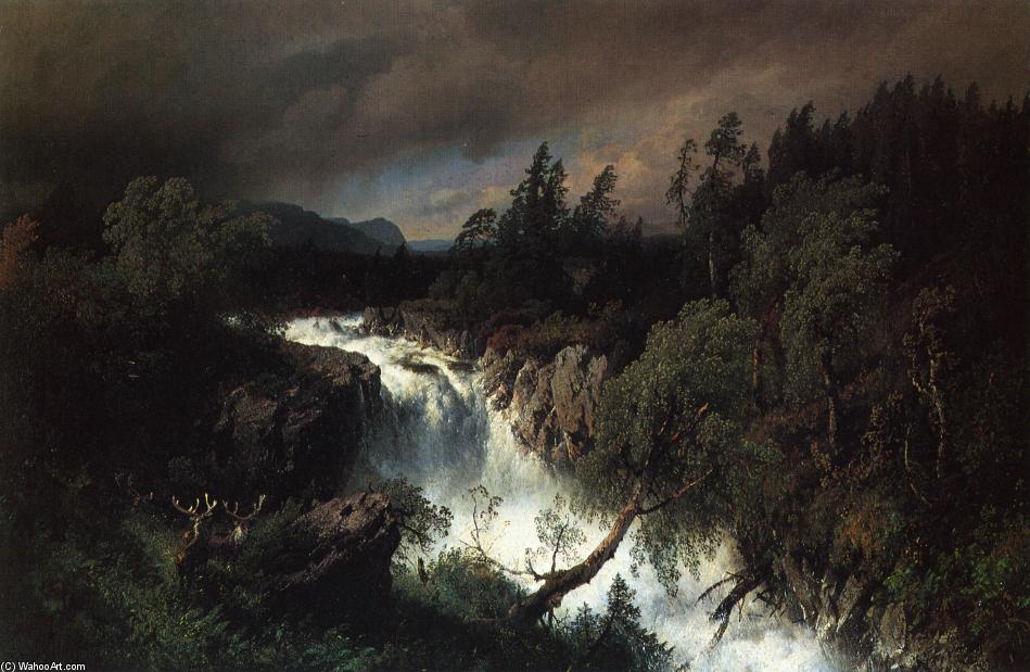 Wikioo.org - The Encyclopedia of Fine Arts - Painting, Artwork by Herman Herzog - Mountain Landscape and Waterfall