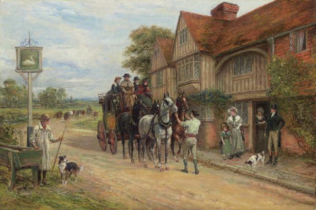 Wikioo.org - The Encyclopedia of Fine Arts - Painting, Artwork by Heywood Hardy - A Coach and Four outside the Swan Inn
