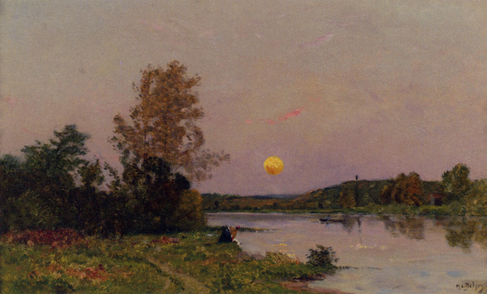 Wikioo.org - The Encyclopedia of Fine Arts - Painting, Artwork by Hippolyte Camille Delpy - Laundresses and boats at sunset