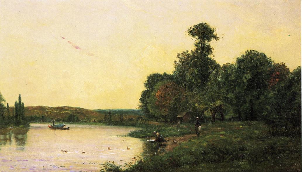 Wikioo.org - The Encyclopedia of Fine Arts - Painting, Artwork by Hippolyte Camille Delpy - Washerwomen by he River at Sunset
