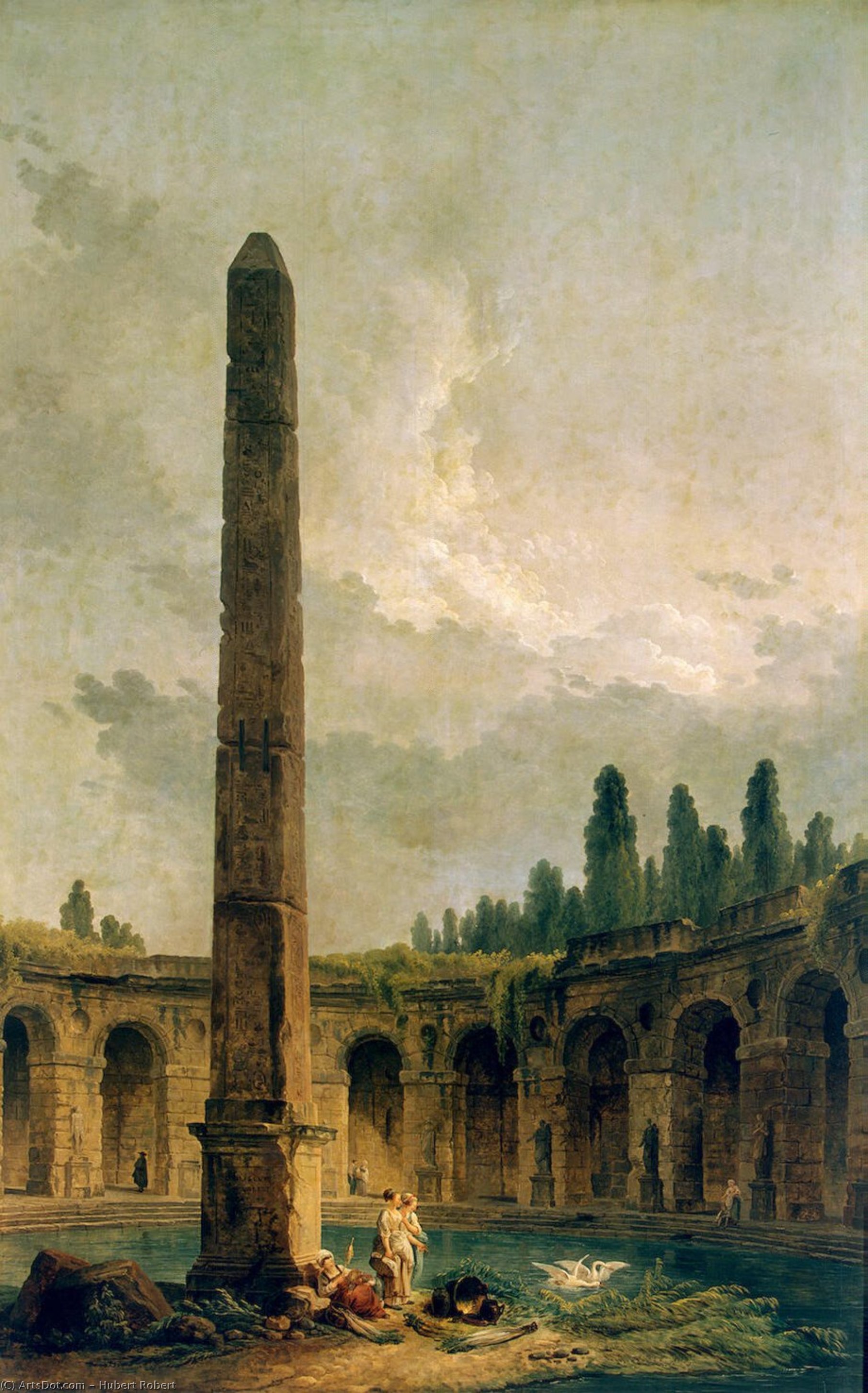 Wikoo.org - موسوعة الفنون الجميلة - اللوحة، العمل الفني Hubert Robert - Decorative Landscape with an Obelisk