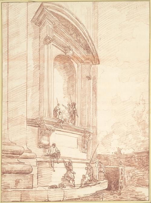 Wikioo.org - The Encyclopedia of Fine Arts - Painting, Artwork by Hubert Robert - Figures in One of Michelangelo's Niches on the Apse of St. Peters, Rome