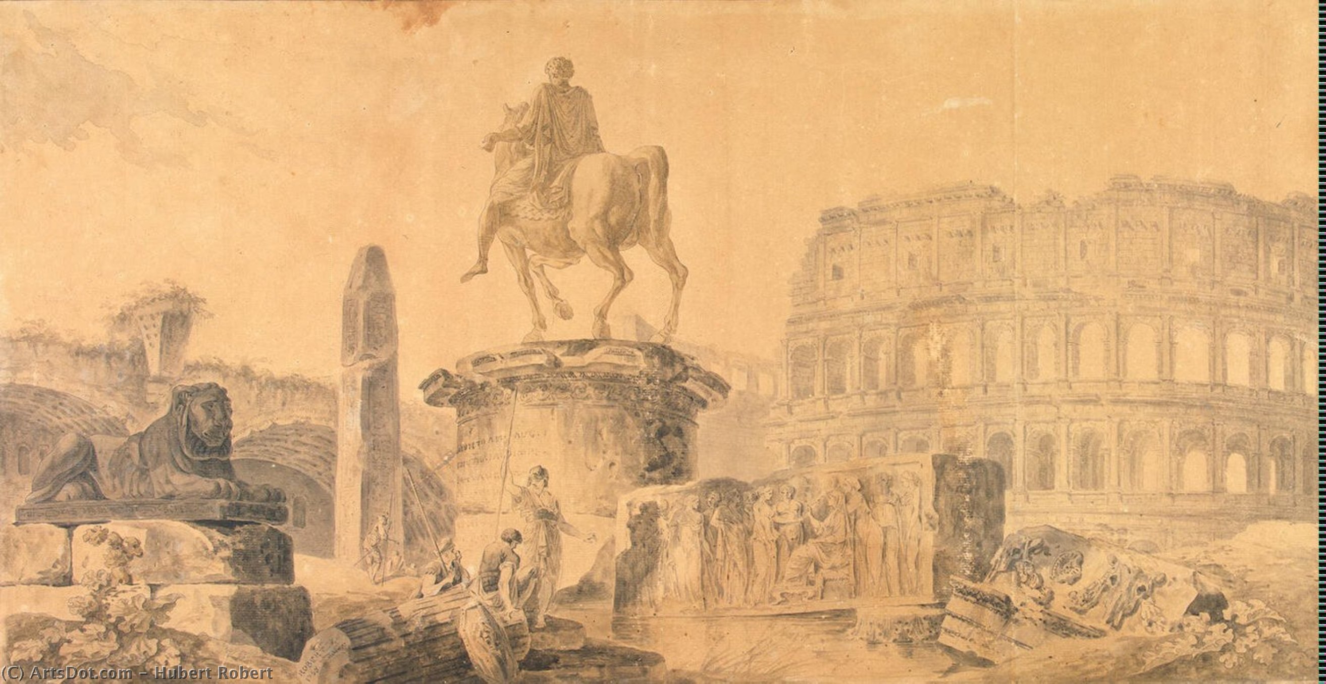 WikiOO.org - Enciclopédia das Belas Artes - Pintura, Arte por Hubert Robert - Landscape with the Colosseum and the Monument to Marcus Aurelius
