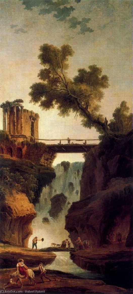 Wikioo.org - The Encyclopedia of Fine Arts - Painting, Artwork by Hubert Robert - Landscape with waterfall