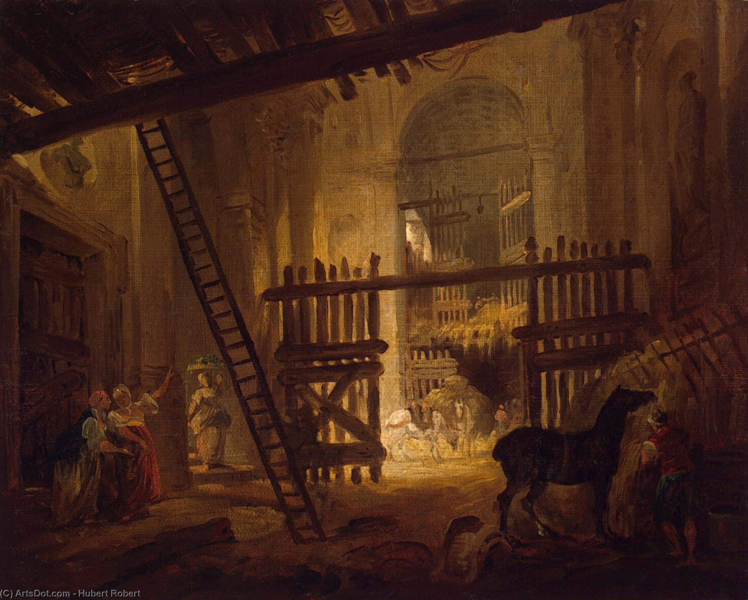 Wikioo.org - The Encyclopedia of Fine Arts - Painting, Artwork by Hubert Robert - Stable in Ruins of the Villa Giulia