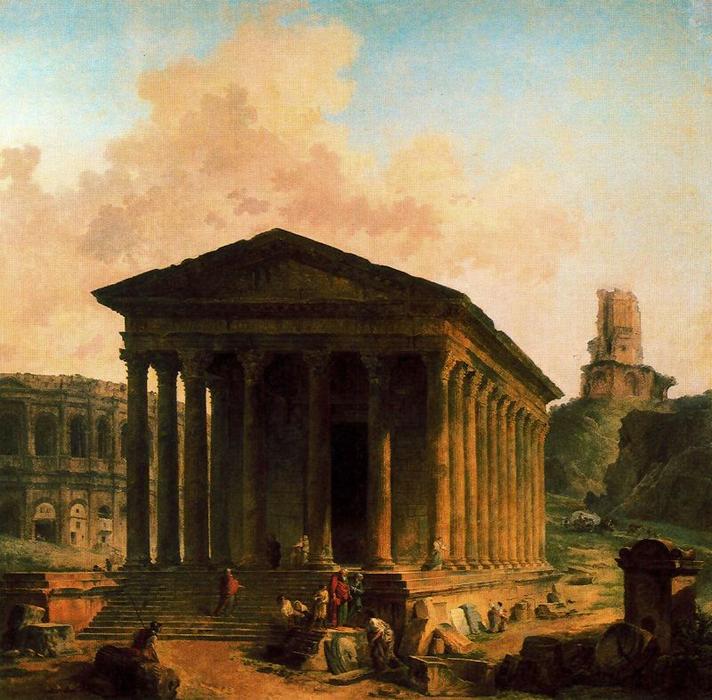Wikioo.org - The Encyclopedia of Fine Arts - Painting, Artwork by Hubert Robert - The Maison Carrè, at Nîmes, with the Amphiteather and the Magne Tower