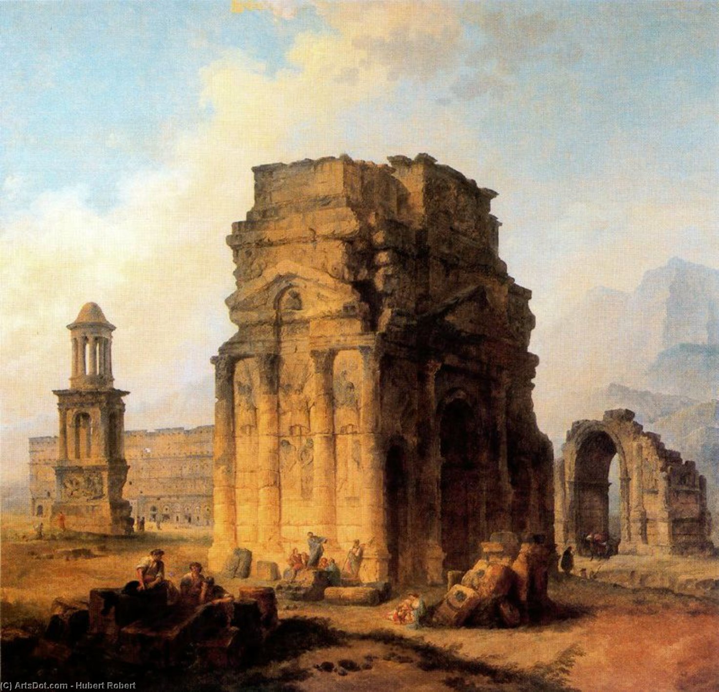 Wikioo.org – L'Encyclopédie des Beaux Arts - Peinture, Oeuvre de Hubert Robert - Arc de Triomphe et Amphithéâtre d Orange