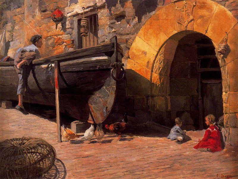 Wikioo.org - The Encyclopedia of Fine Arts - Painting, Artwork by Ignacio Díaz Olano - Boat and children on a street Motrico