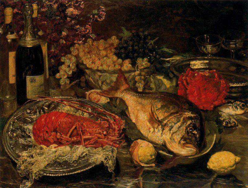 Wikioo.org - The Encyclopedia of Fine Arts - Painting, Artwork by Ignacio Díaz Olano - Christmas still life with fish