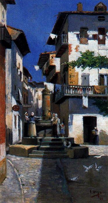 Wikioo.org - The Encyclopedia of Fine Arts - Painting, Artwork by Ignacio Díaz Olano - Corner of the village with people