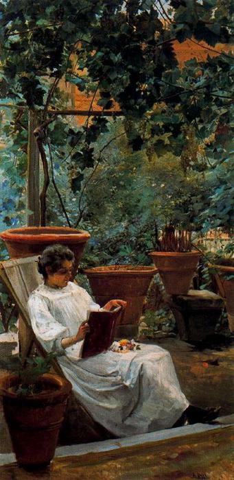 Wikioo.org - The Encyclopedia of Fine Arts - Painting, Artwork by Ignacio Díaz Olano - Garden, woman reading