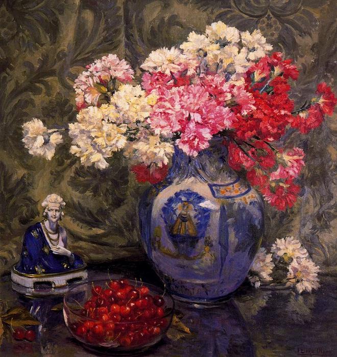 Wikioo.org - The Encyclopedia of Fine Arts - Painting, Artwork by Ignacio Díaz Olano - Vase with flowers and porcelain figure