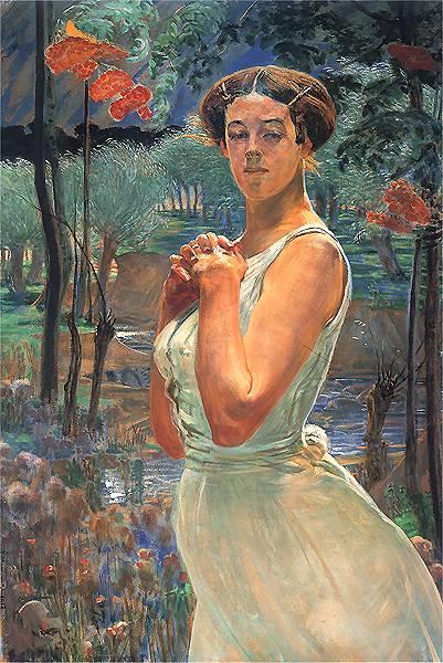 Wikioo.org – L'Encyclopédie des Beaux Arts - Peinture, Oeuvre de Jacek Malczewski - une femme sur  la  arrière plan  de  la  petit bois