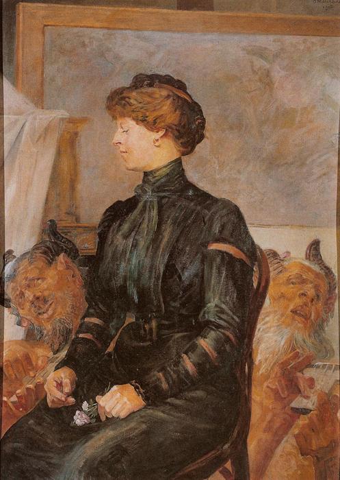 Wikioo.org - The Encyclopedia of Fine Arts - Painting, Artwork by Jacek Malczewski - Portrait of the Artist's Wife with Two Fauns