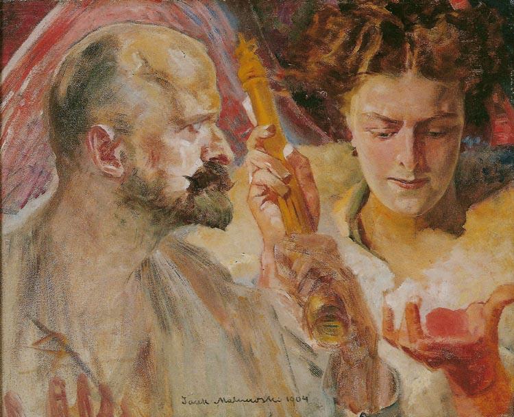 WikiOO.org - Εγκυκλοπαίδεια Καλών Τεχνών - Ζωγραφική, έργα τέχνης Jacek Malczewski - Self-Portrait with Muse Holding Sceptre and Orb