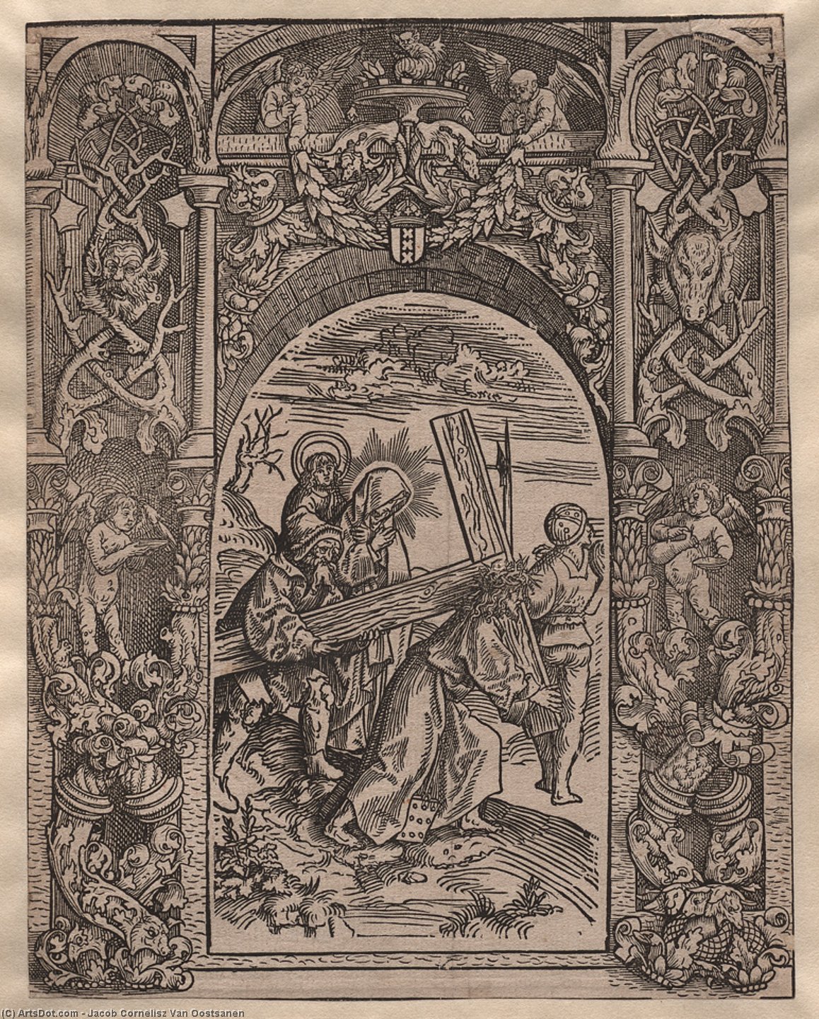 WikiOO.org - Enciclopedia of Fine Arts - Pictura, lucrări de artă Jacob Cornelisz Van Oostsanen - Calvary with ornamental frame
