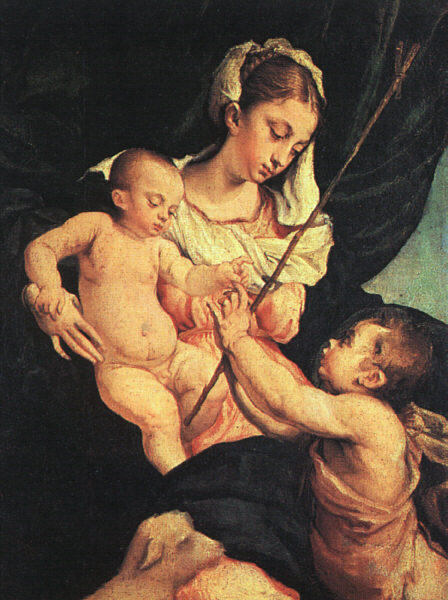 WikiOO.org - 百科事典 - 絵画、アートワーク Jacopo Bassano (Jacopo Da Ponte) - マドンナと子供 と一緒に セントジョン ザー バプティスト
