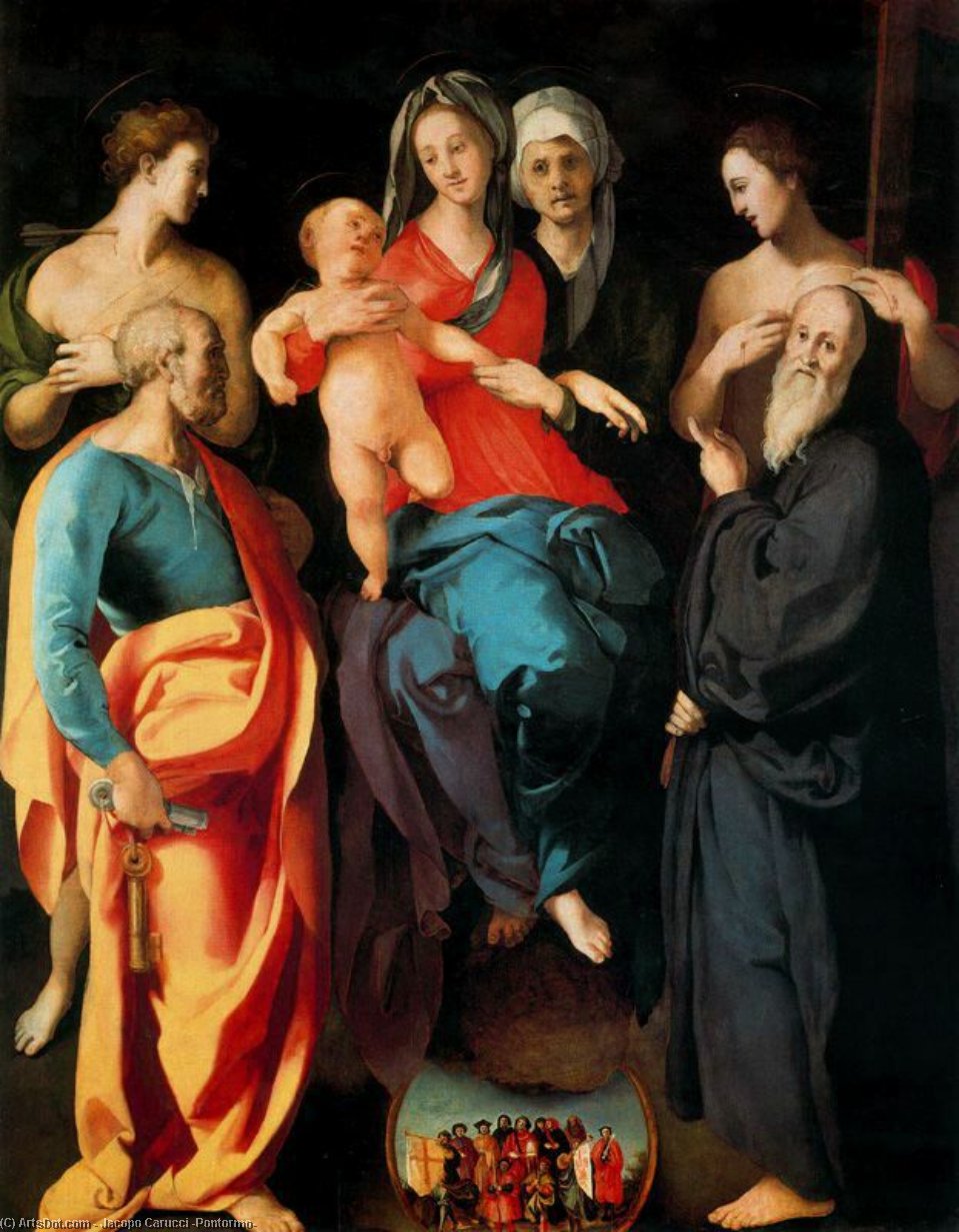 WikiOO.org - Encyclopedia of Fine Arts - Festés, Grafika Jacopo Carucci (Pontormo) - Madonna and Child with St. Anne and the Saints, Sebastian, Peter, Benedict
