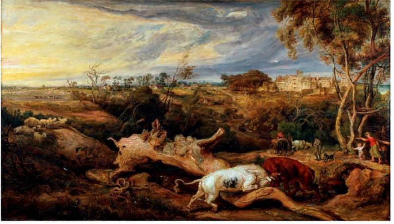 Wikioo.org – L'Encyclopédie des Beaux Arts - Peinture, Oeuvre de James Ward - les taureaux de combat , avec un Vue d Donatt's Château , Glamorganshire