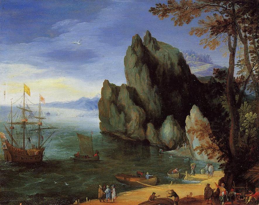 Wikioo.org - The Encyclopedia of Fine Arts - Painting, Artwork by Jan Brueghel The Elder - Bay with Ship of War