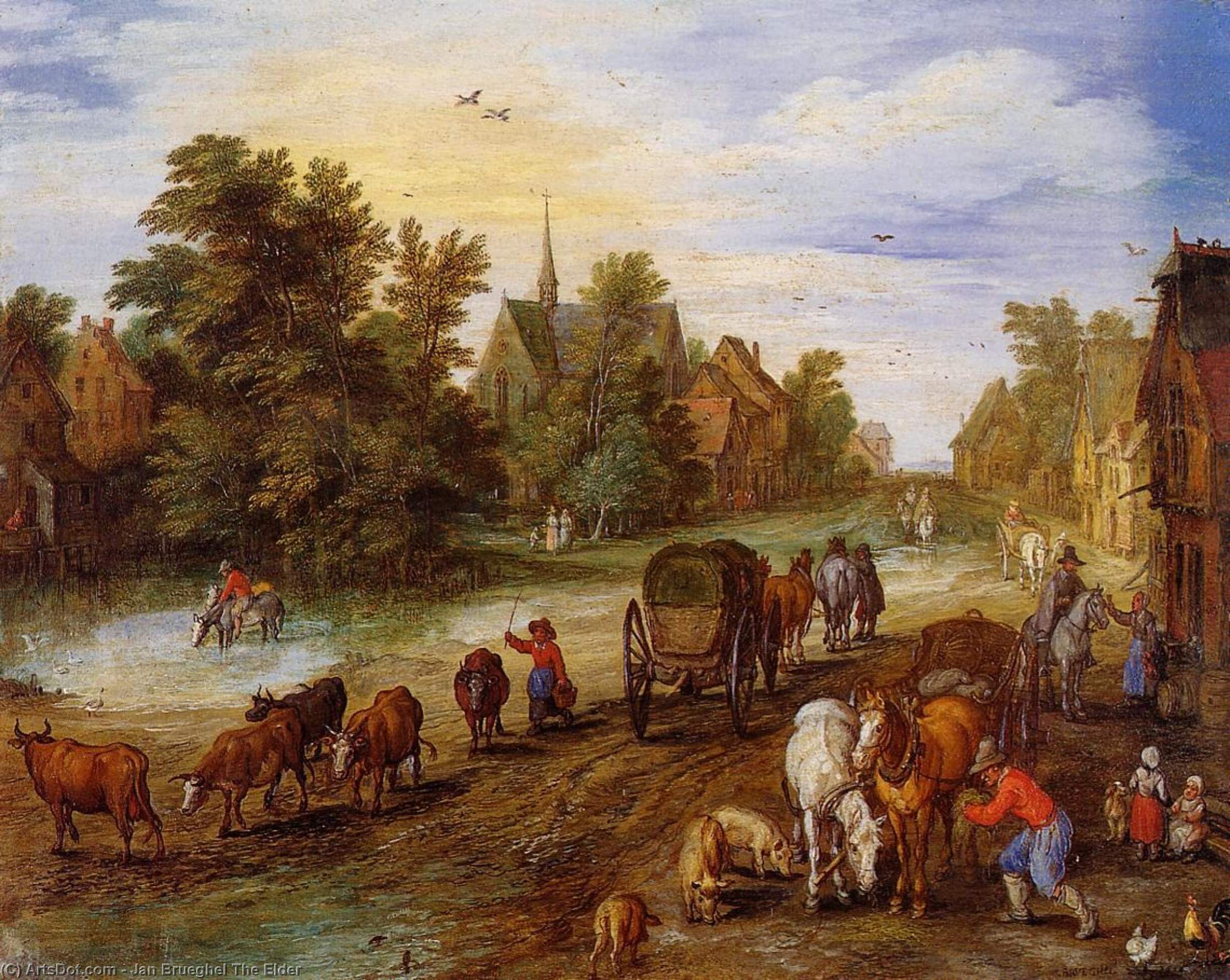 Wikioo.org – La Enciclopedia de las Bellas Artes - Pintura, Obras de arte de Jan Brueghel The Elder - ocupado aldea  calle  enestado  descanso  viajeros