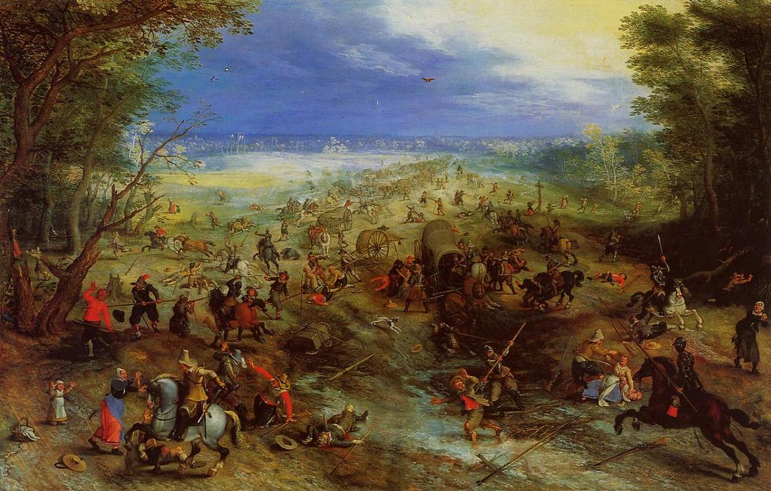 Wikioo.org - The Encyclopedia of Fine Arts - Painting, Artwork by Jan Brueghel The Elder - Equestrian Battle near a Mill