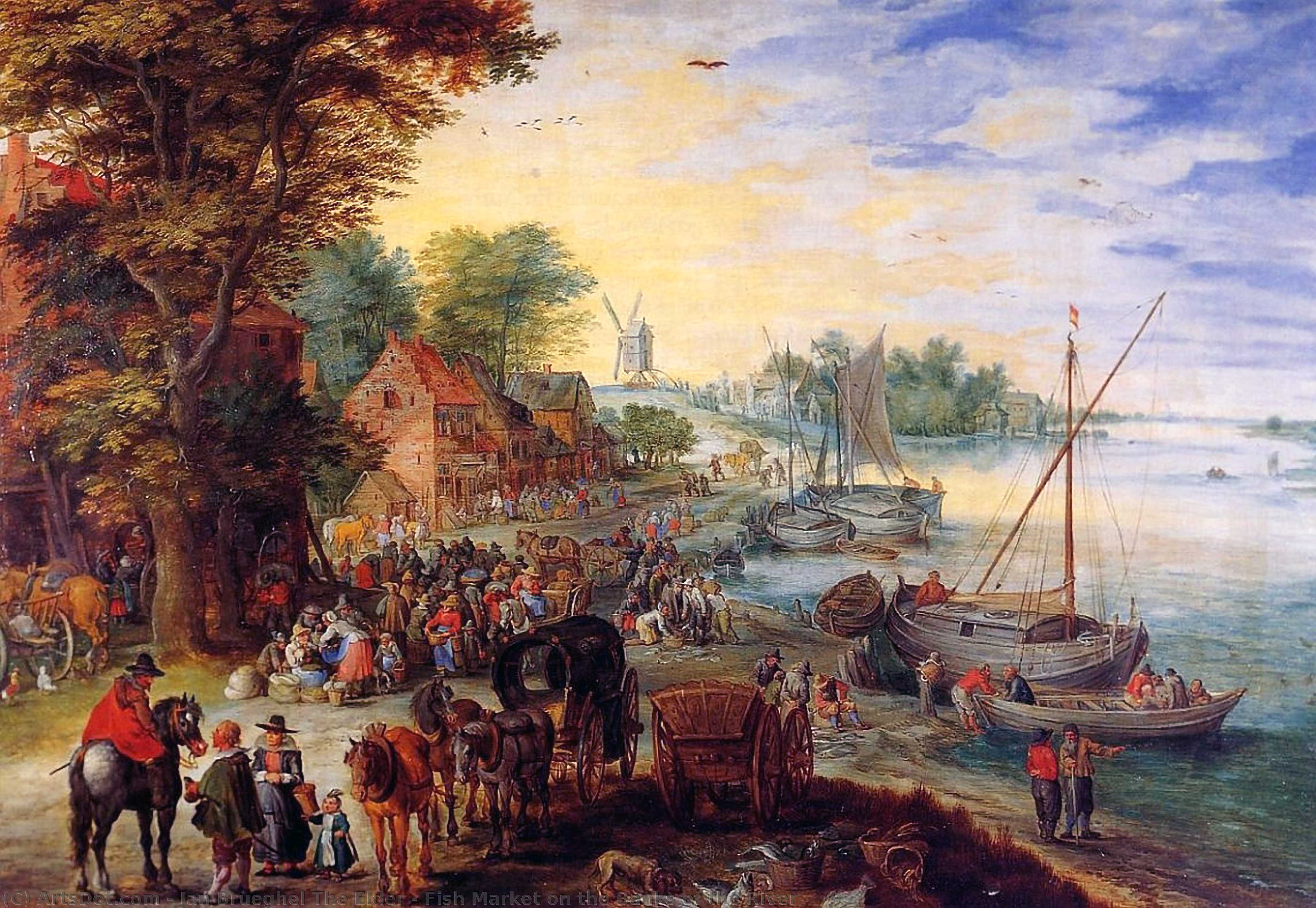 Wikioo.org – La Enciclopedia de las Bellas Artes - Pintura, Obras de arte de Jan Brueghel The Elder - pescado mercado en el bancos de río