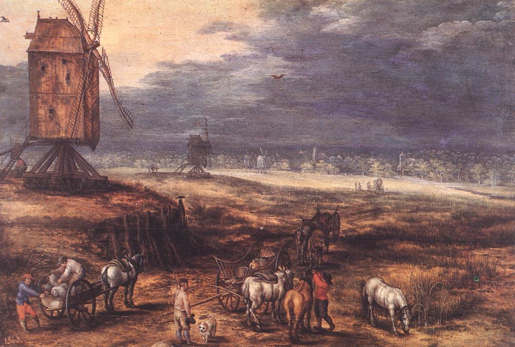 Wikioo.org – L'Enciclopedia delle Belle Arti - Pittura, Opere di Jan Brueghel The Elder - Paesaggio con mulini a vento