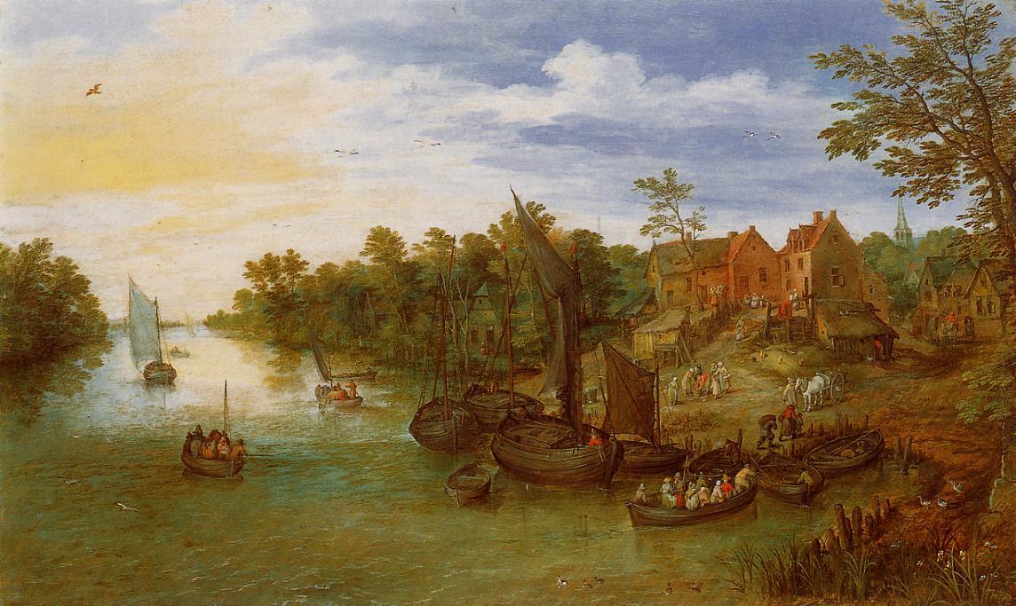 Wikioo.org - The Encyclopedia of Fine Arts - Painting, Artwork by Jan Brueghel The Elder - River Landscape with Landing
