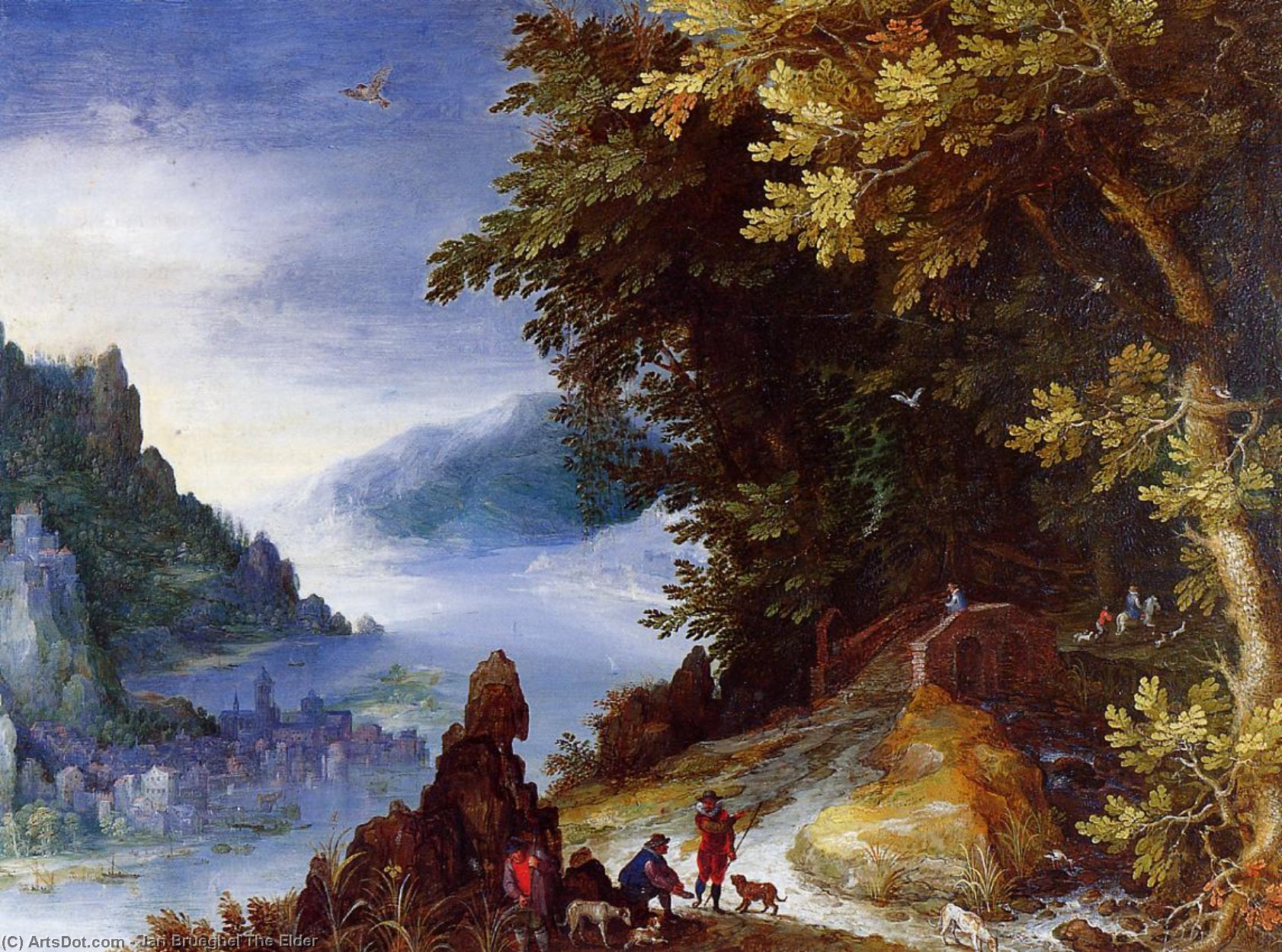 Wikioo.org - The Encyclopedia of Fine Arts - Painting, Artwork by Jan Brueghel The Elder - River Landscape with Resting Travellers
