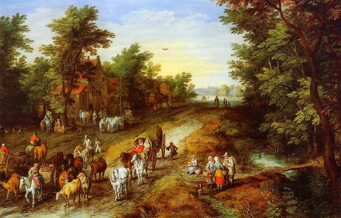 Wikioo.org - The Encyclopedia of Fine Arts - Painting, Artwork by Jan Brueghel The Elder - Rustic Landscape with Inn and Travellers