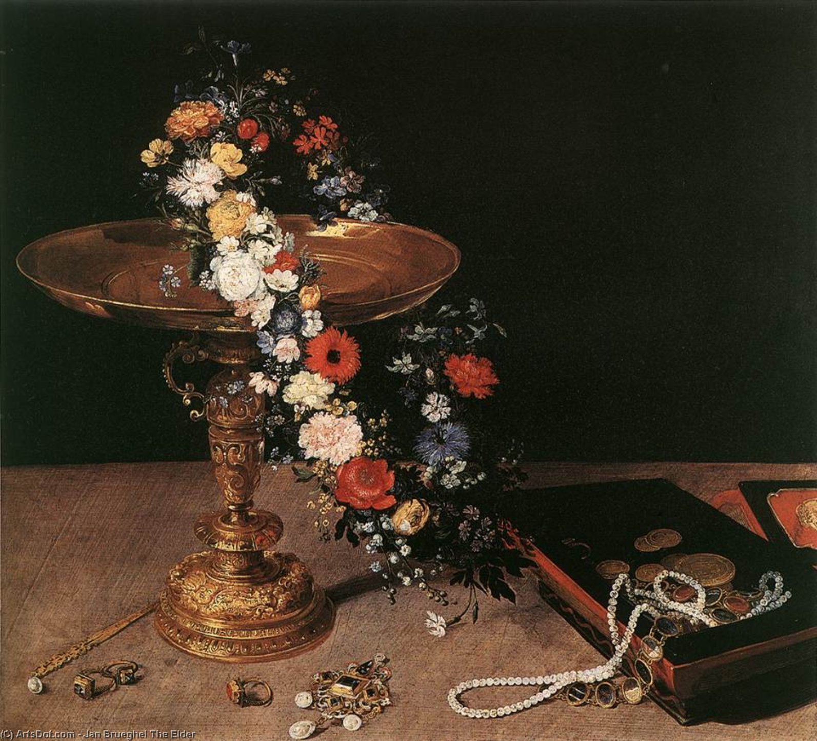Wikioo.org - The Encyclopedia of Fine Arts - Painting, Artwork by Jan Brueghel The Elder - Still­Life with Garland of Flowers and Golden Tazza