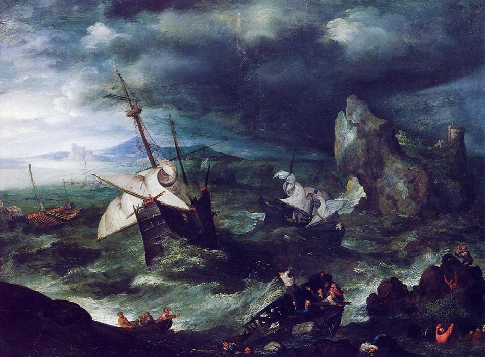 Wikioo.org - The Encyclopedia of Fine Arts - Painting, Artwork by Jan Brueghel The Elder - The Storm at Sea with Shipwreck