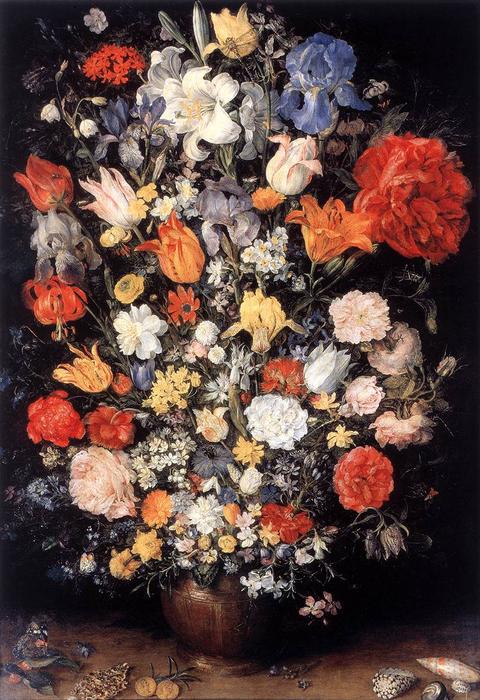 Wikioo.org – L'Enciclopedia delle Belle Arti - Pittura, Opere di Jan Brueghel The Elder - Vaso di fiori con gioielli monete  e le  conchiglie