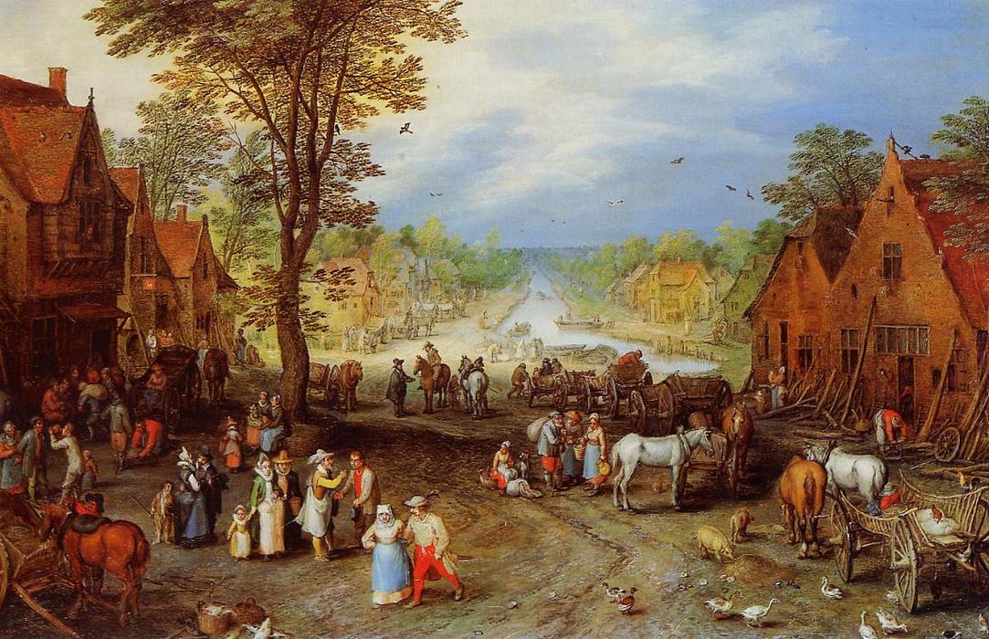 Wikioo.org - The Encyclopedia of Fine Arts - Painting, Artwork by Jan Brueghel The Elder - Village Street with Canal