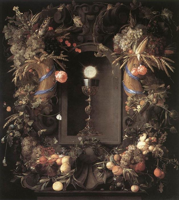 Wikioo.org - The Encyclopedia of Fine Arts - Painting, Artwork by Jan Davidsz De Heem - Eucharist in Fruit Wreath